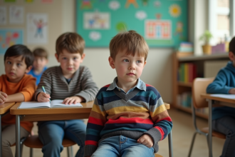 Garçon de 7 ans seul en classe avec expression distraite