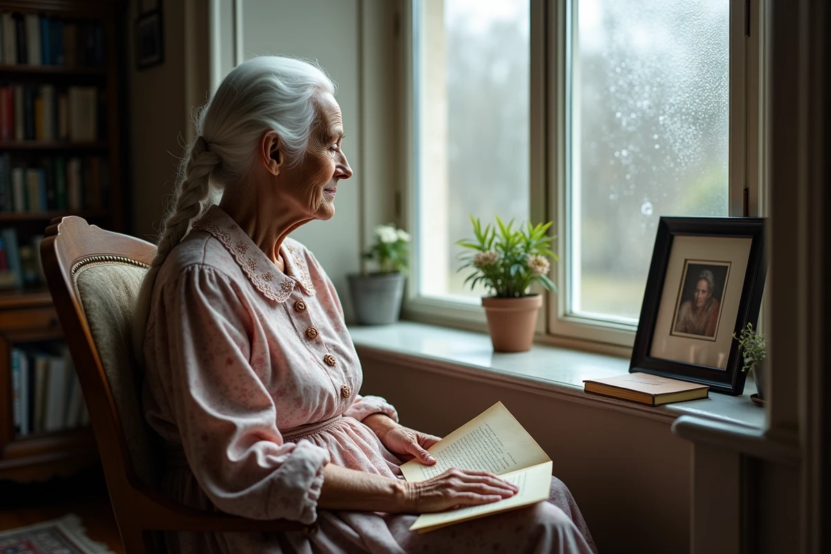 Grand-mère contemplative assise près d'une fenêtre avec ses poèmes manuscrits sur les genoux et une photo encadrée en souvenir