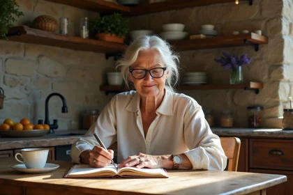 Grand-mère écrivant de la poésie à la main dans une cuisine en pierre de campagne française, avec un journal en cuir et des pages manuscrites