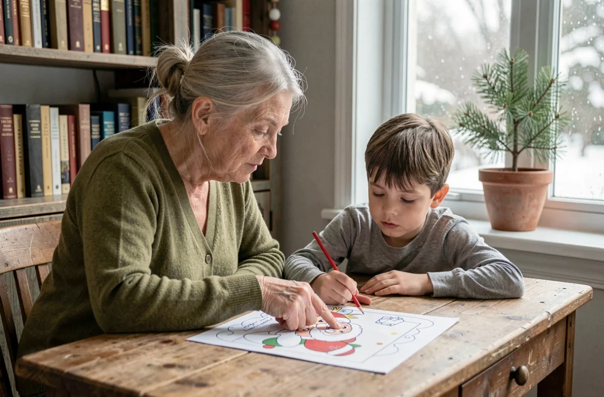 Grand-mère aidant son petit-fils à compléter et colorier une lettre imprimée pour le Père Noël