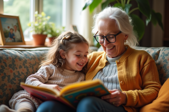 Une grand-mère souriante lit avec sa petite fille sur un sofa