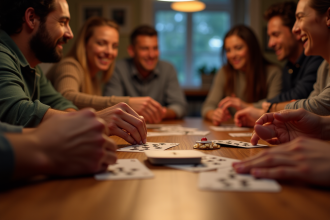 Groupe d'amis jouant à des jeux de société autour d'une table chaleureuse