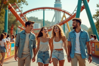 Quatre amis souriants dans un parc d'attractions en été
