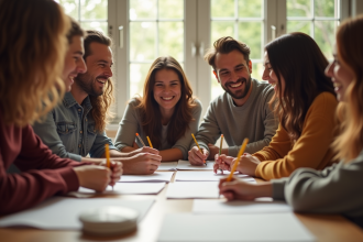 Groupe d'amis riant autour d'une table lors d'une soirée