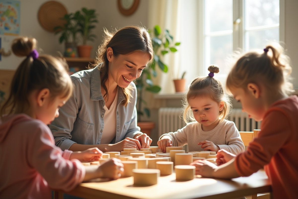Groupe d'enfants en classe Montessori lumineuse et calme