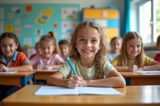 Groupe d'enfants souriants en classe maternelle