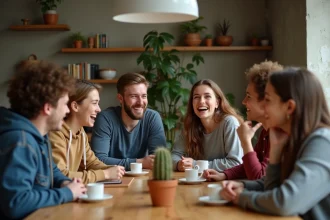 Groupe de famille riant autour d'une table à la maison