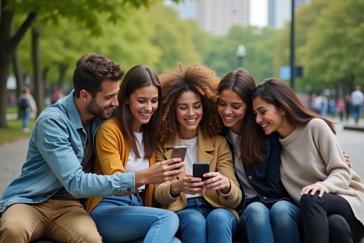 Groupe de jeunes fans partageant un moment dans un parc urbain