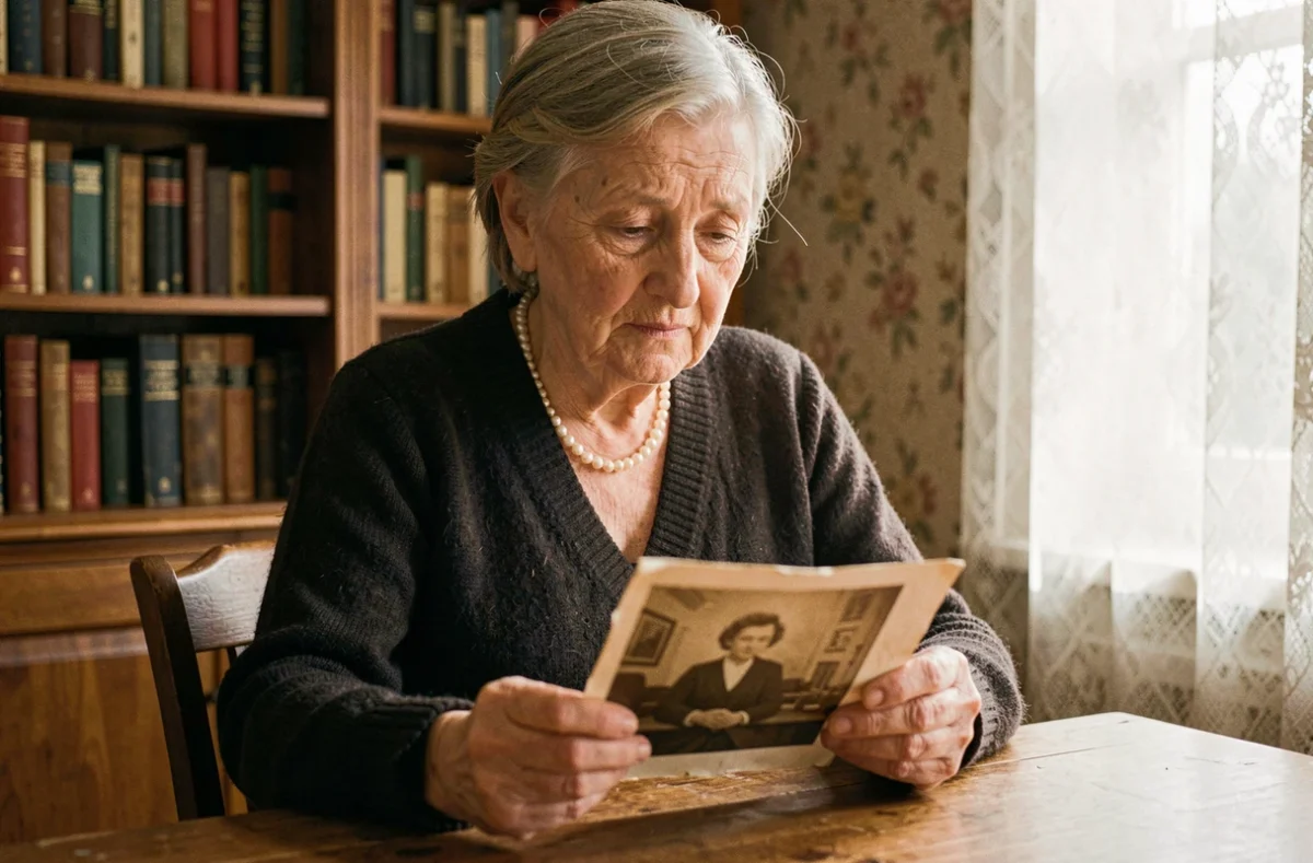 Une femme âgée tenant une vieille photographie sépia dans un appartement français vintage, évoquant la mémoire familiale et l'héritage des générations Badinter