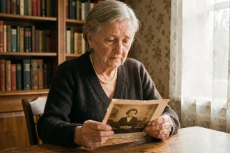 Une femme âgée tenant une vieille photographie sépia dans un appartement français vintage, évoquant la mémoire familiale et l'héritage des générations Badinter