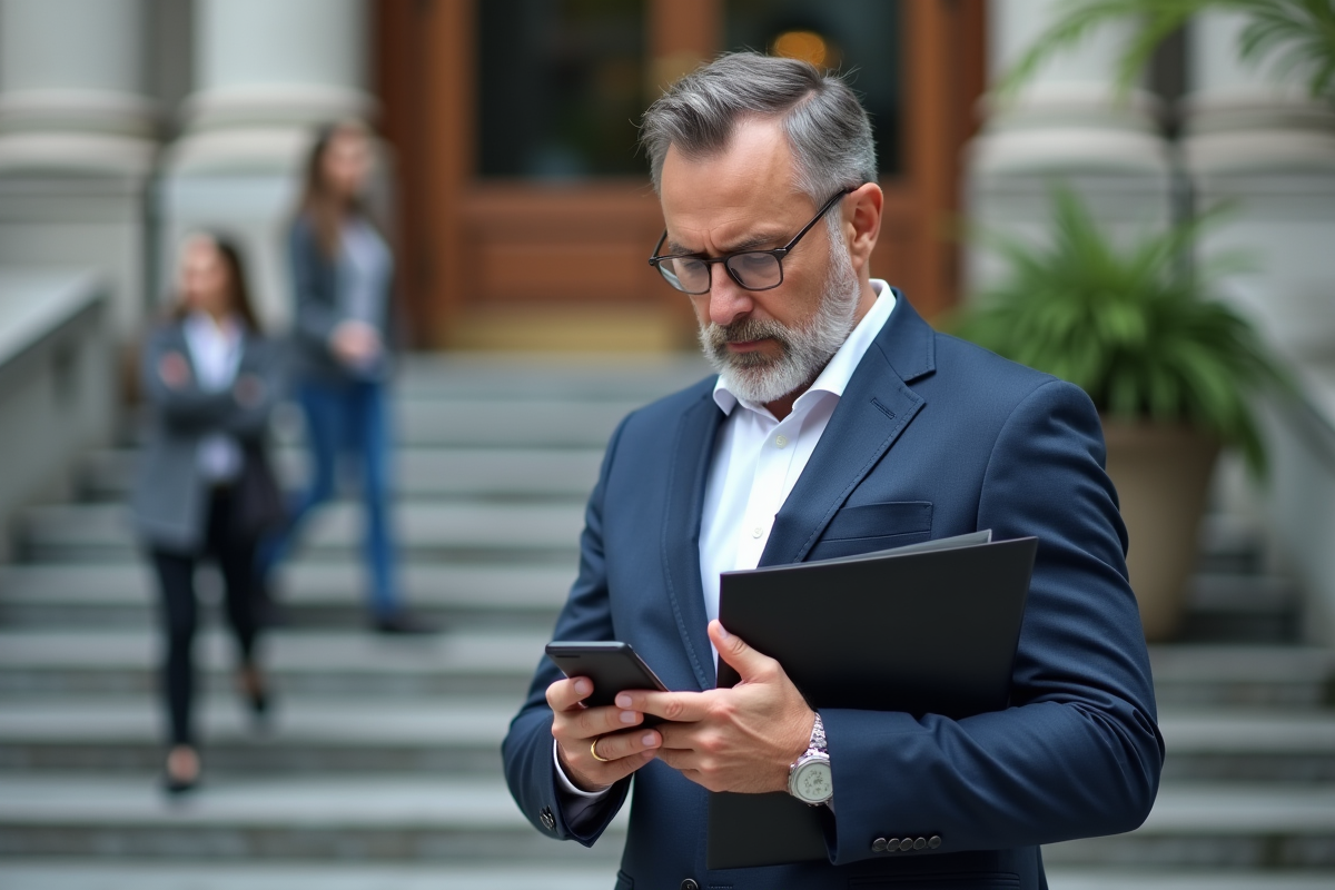 Homme d affaires vérifiant son smartphone devant un bâtiment officiel