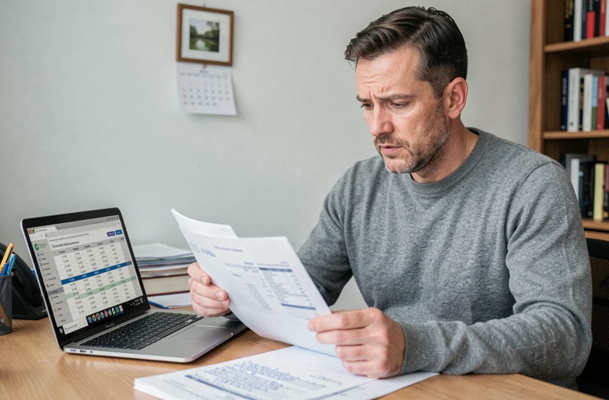 Un homme consulte seul ses fiches de paie et un tableur pour évaluer ses revenus dans le cadre d'une obligation alimentaire