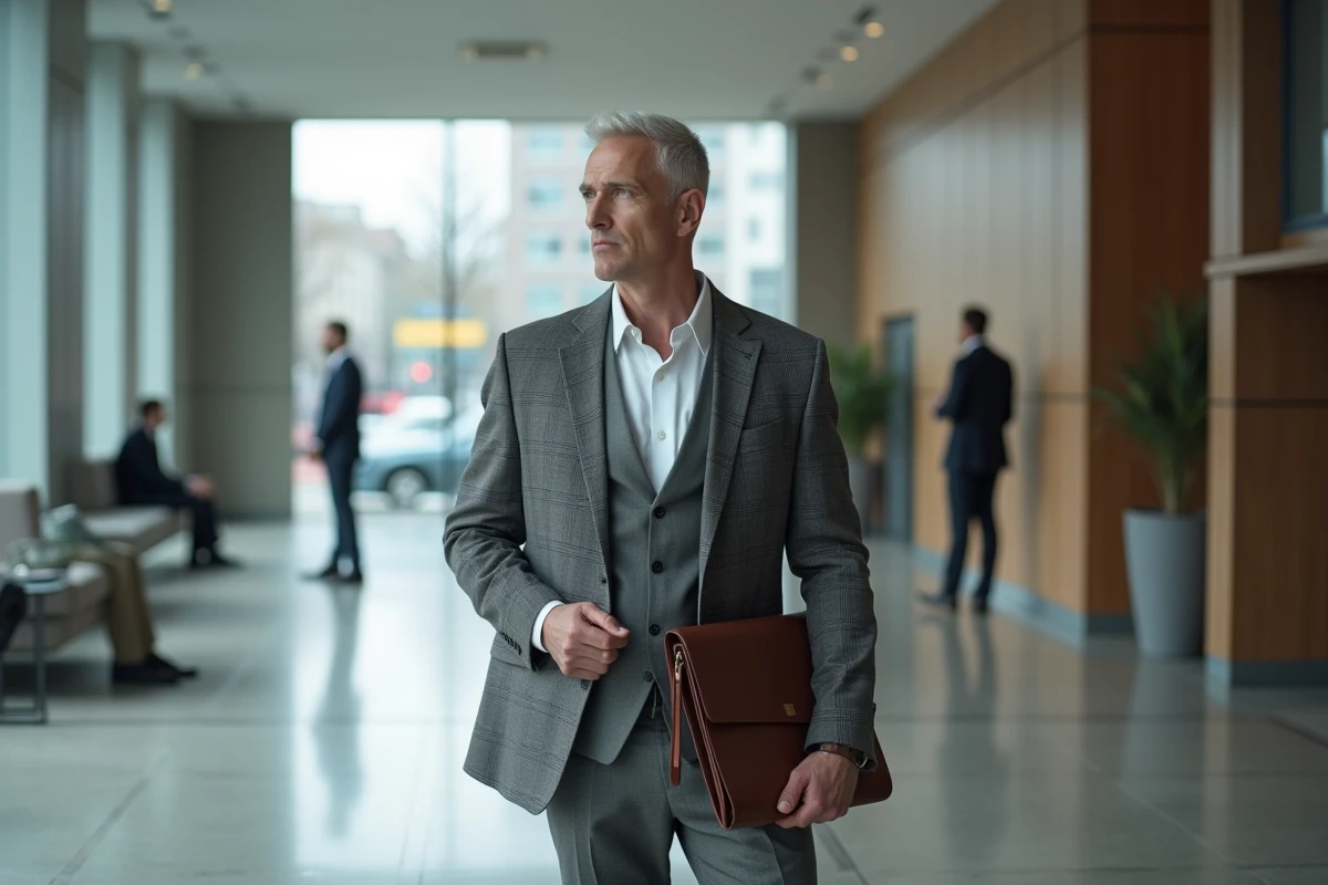 Homme en costume gris dans le hall d'un immeuble de bureaux moderne, tenant un portfolio en cuir, représentant un profil discret entre vie publique et privée