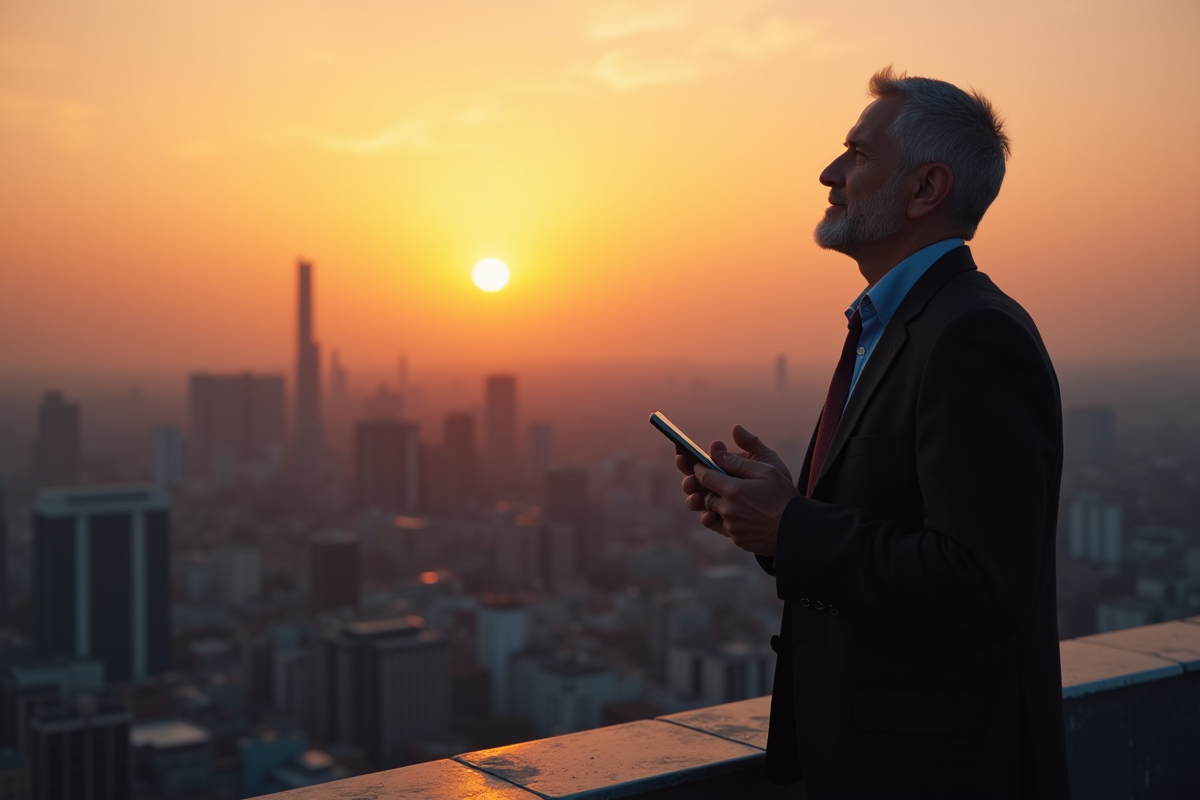 Homme sur un toit au lever du soleil regardant la ville