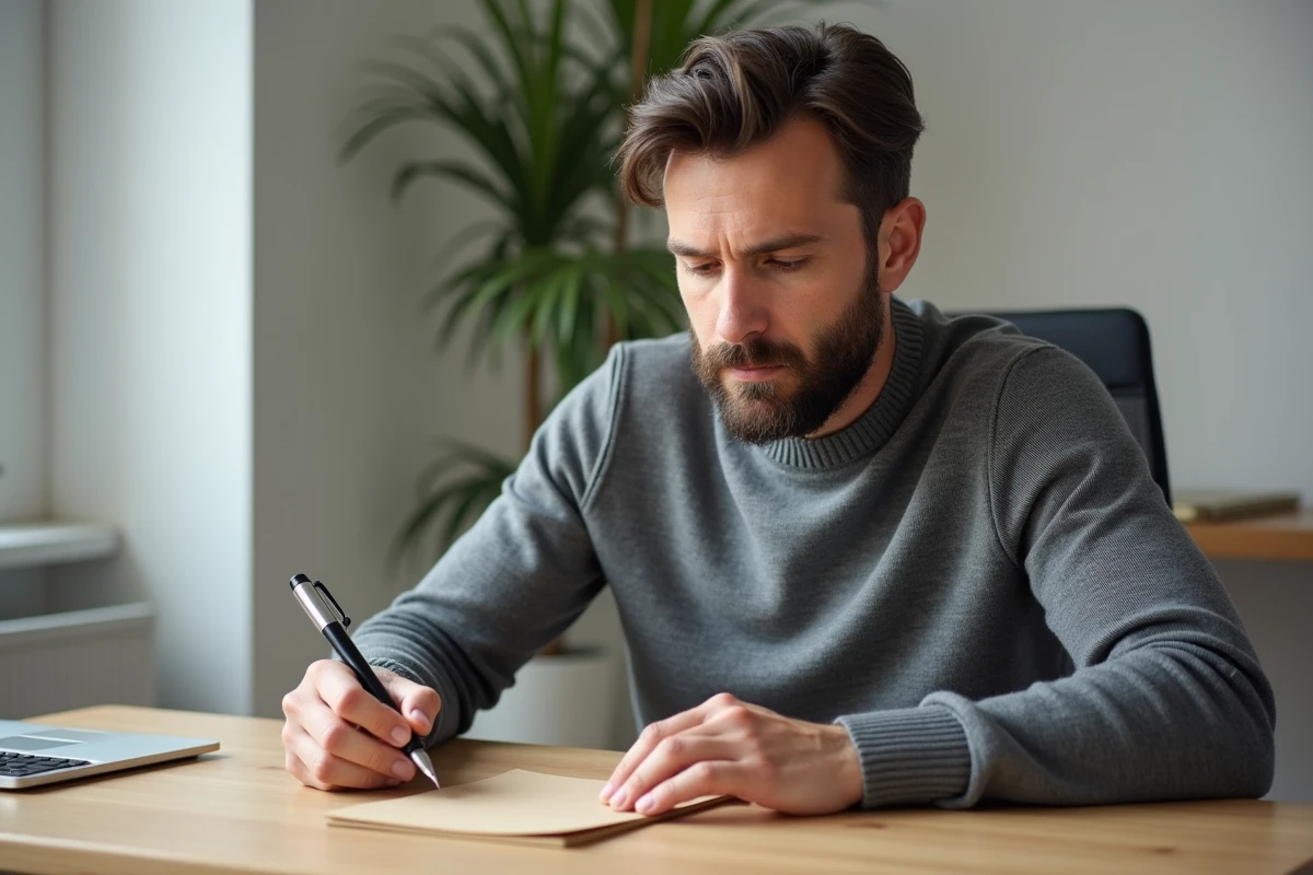 Homme écrivant un texte anniversaire 40 ans original et percutant sur une carte artisanale