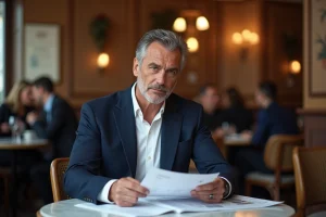 Homme élégant dans la cinquantaine assis dans une brasserie parisienne, consultant des documents, ambiance journalistique et réaliste