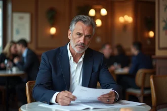 Homme élégant dans la cinquantaine assis dans une brasserie parisienne, consultant des documents, ambiance journalistique et réaliste