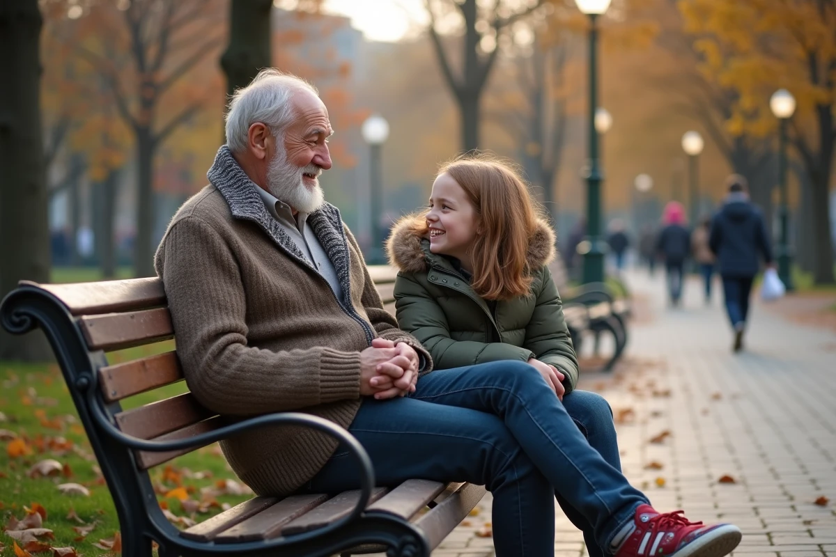 Homme et fille souriant sur un banc dans un parc automnal