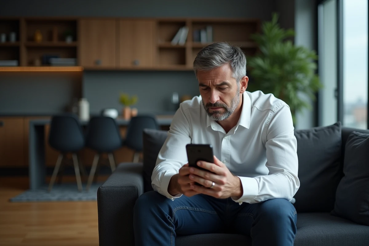 Homme infidèle seul dans son appartement, assis sur un canapé regardant son téléphone avec une expression de remords et de culpabilité