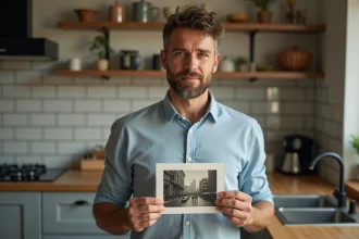 Homme méditerranéen tenant une photo ancienne dans une cuisine moderne