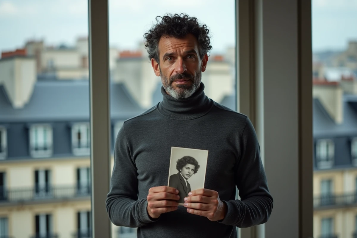 Homme tenant une photo de famille ancienne devant une fenêtre avec vue sur les toits parisiens, symbolisant la transmission mémorielle et la quête des origines