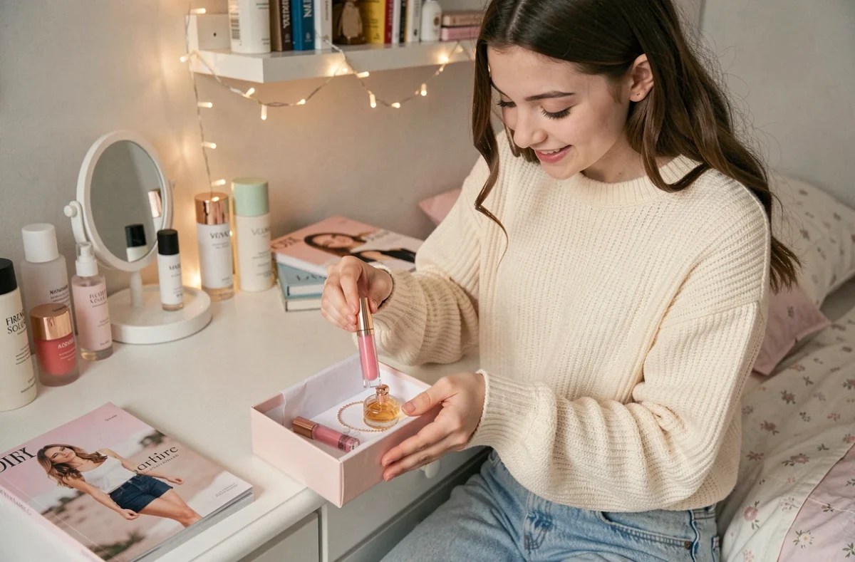 Adolescente découvrant des cadeaux beauté et accessoires sur son bureau dans une chambre cosy