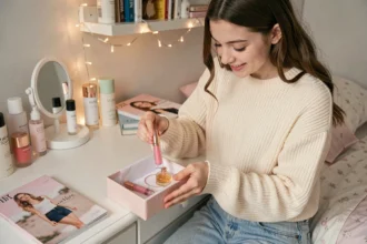 Adolescente découvrant des cadeaux beauté et accessoires sur son bureau dans une chambre cosy