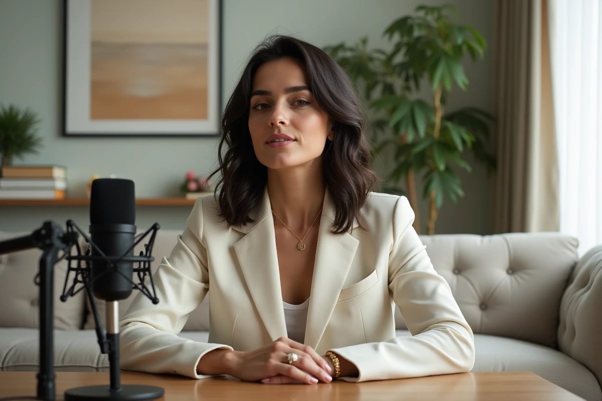 Femme influente enregistrant un podcast dans un studio à domicile moderne, symbolisant la notoriété et la prise de parole publique