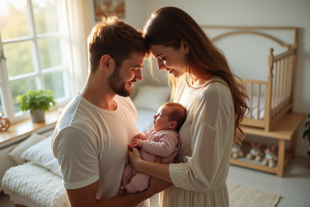 Jeune couple tenant leur bébé dans une nurserie lumineuse