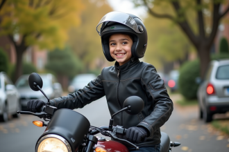 Jeune garçon de 14 ans avec casque et moto sur rue calme