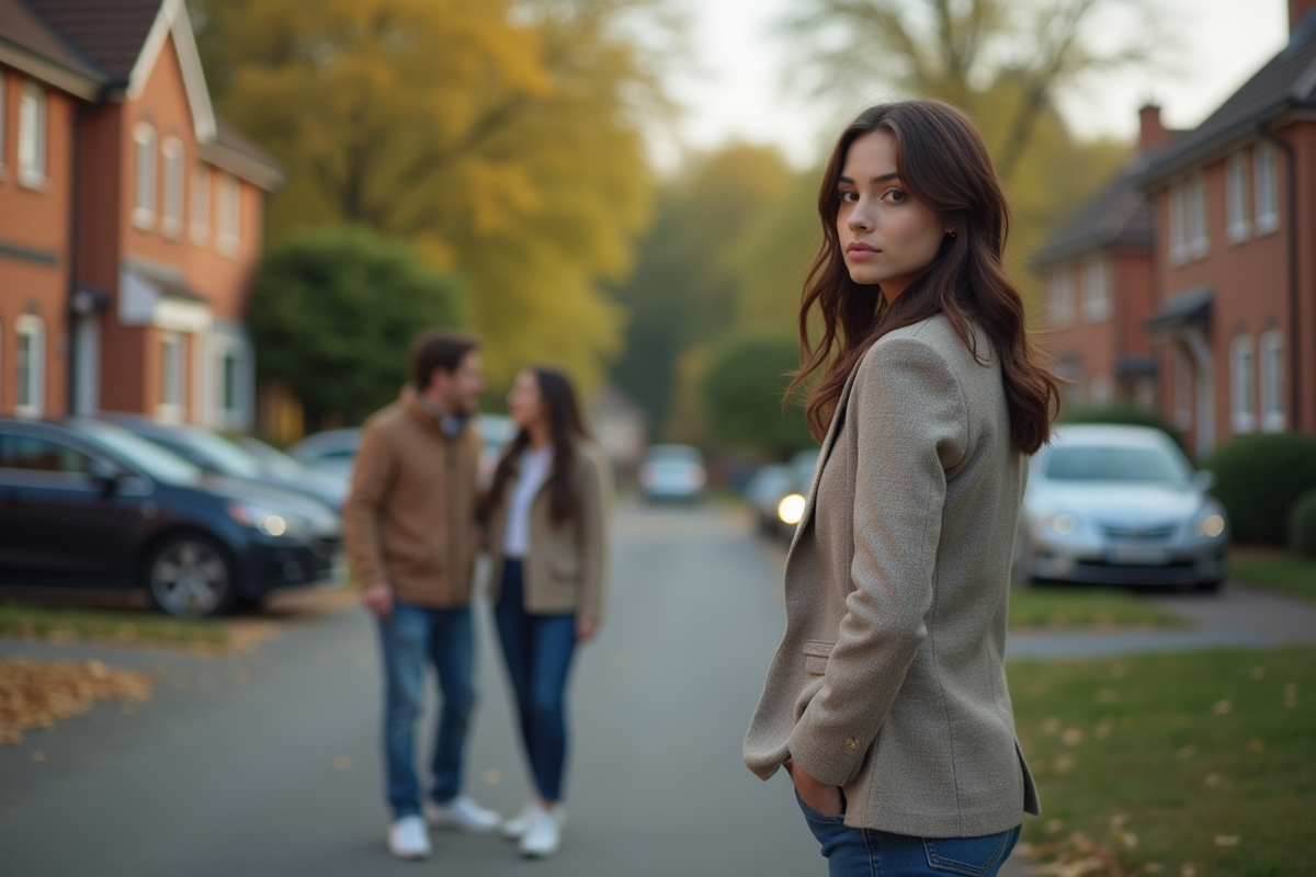 Jeune femme regardant en arrière dans un quartier résidentiel