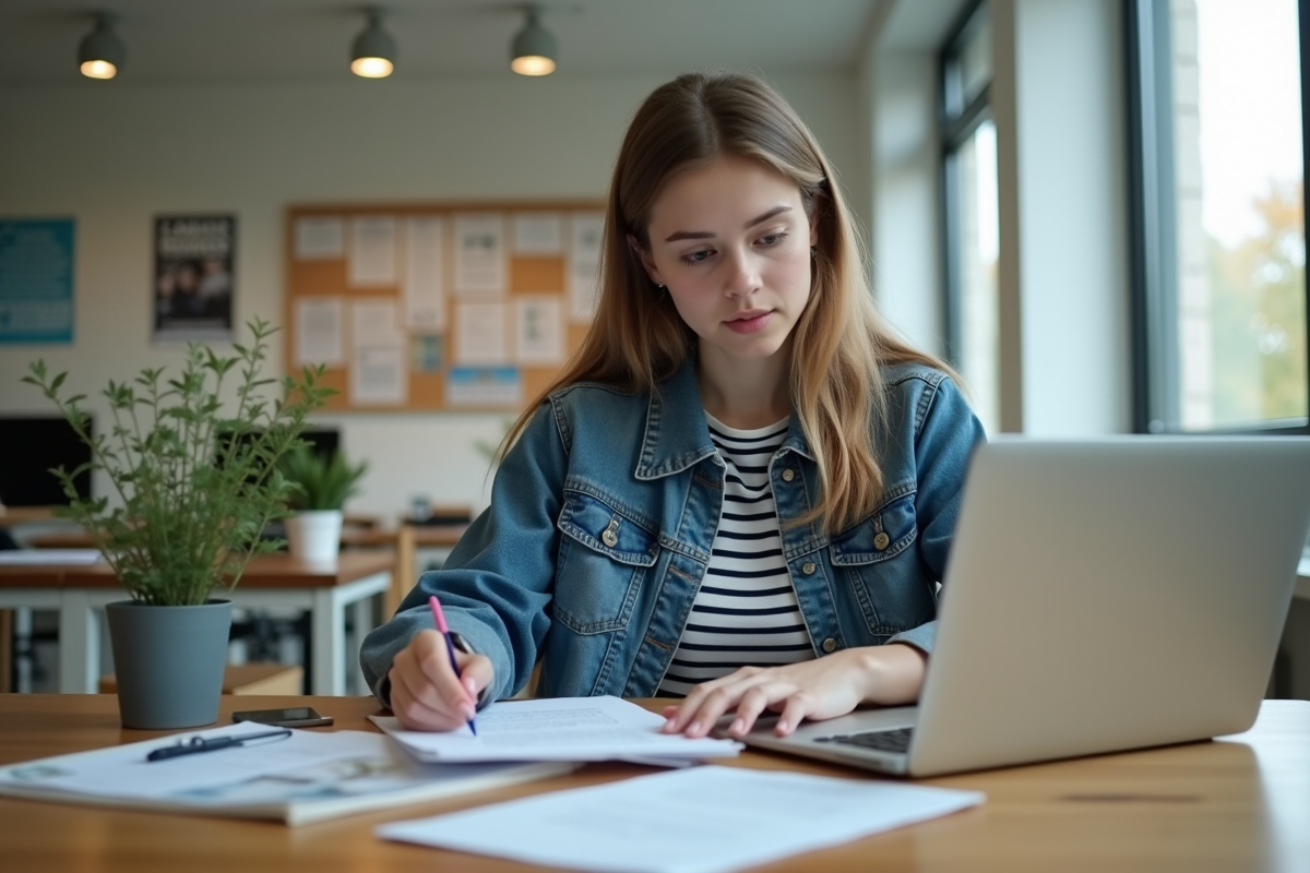 Jeune femme en bureau universitaire avec ordinateur et documents