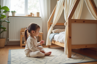Petite fille en pyjama dans une chambre d'enfant cosy