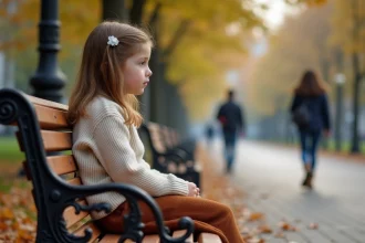 Jeune fille assise sur un banc dans un parc automnal