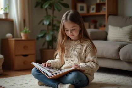 Jeune fille curieuse regardant un album photo familial