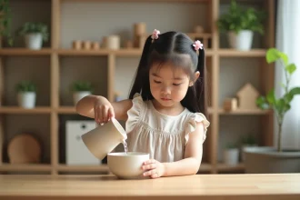 Jeune fille vers 4 ans verse de l'eau dans un bol en bois