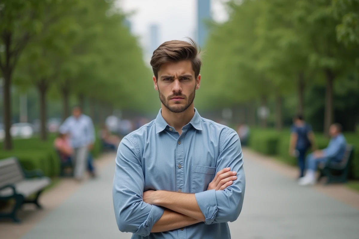 Jeune homme debout dans un parc urbain avec une expression tendue