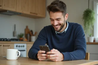 Jeune homme en cuisine utilisant son téléphone avec un sourire détendu