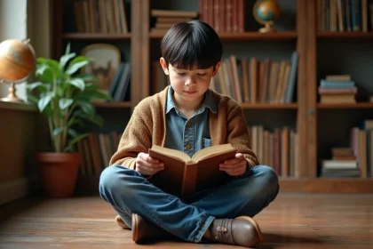 Jeune adolescent curieux lisant une vieille encyclopedie dans une bibliothèque chaleureuse
