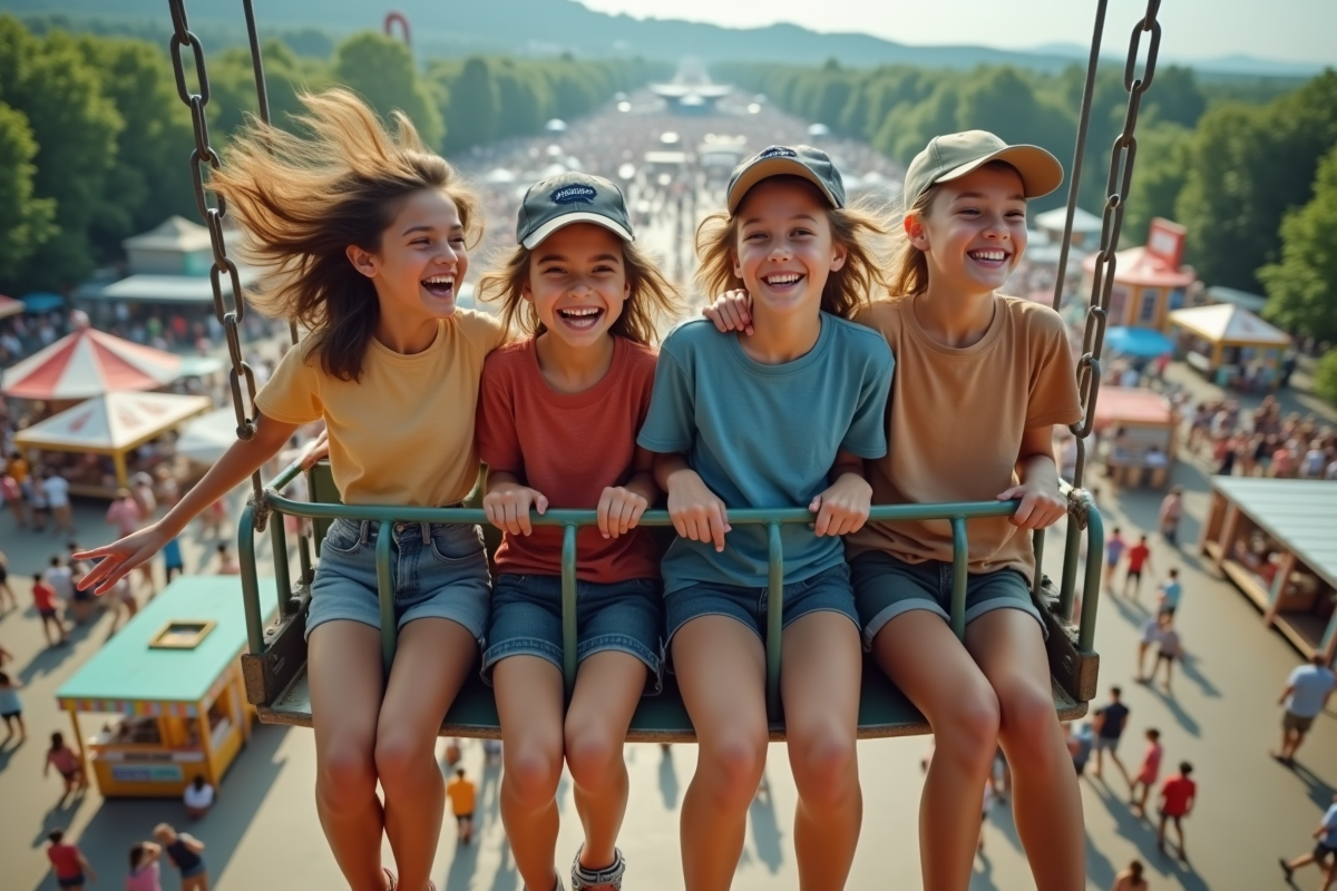 Jeunes en mouvement sur une attraction de manège dans le parc d