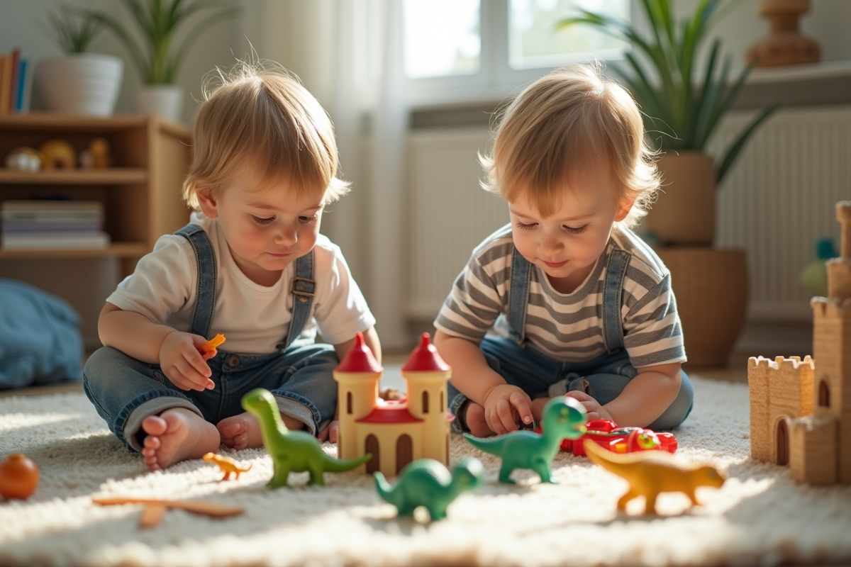 Deux garçons jouant avec des figurines de dinosaures