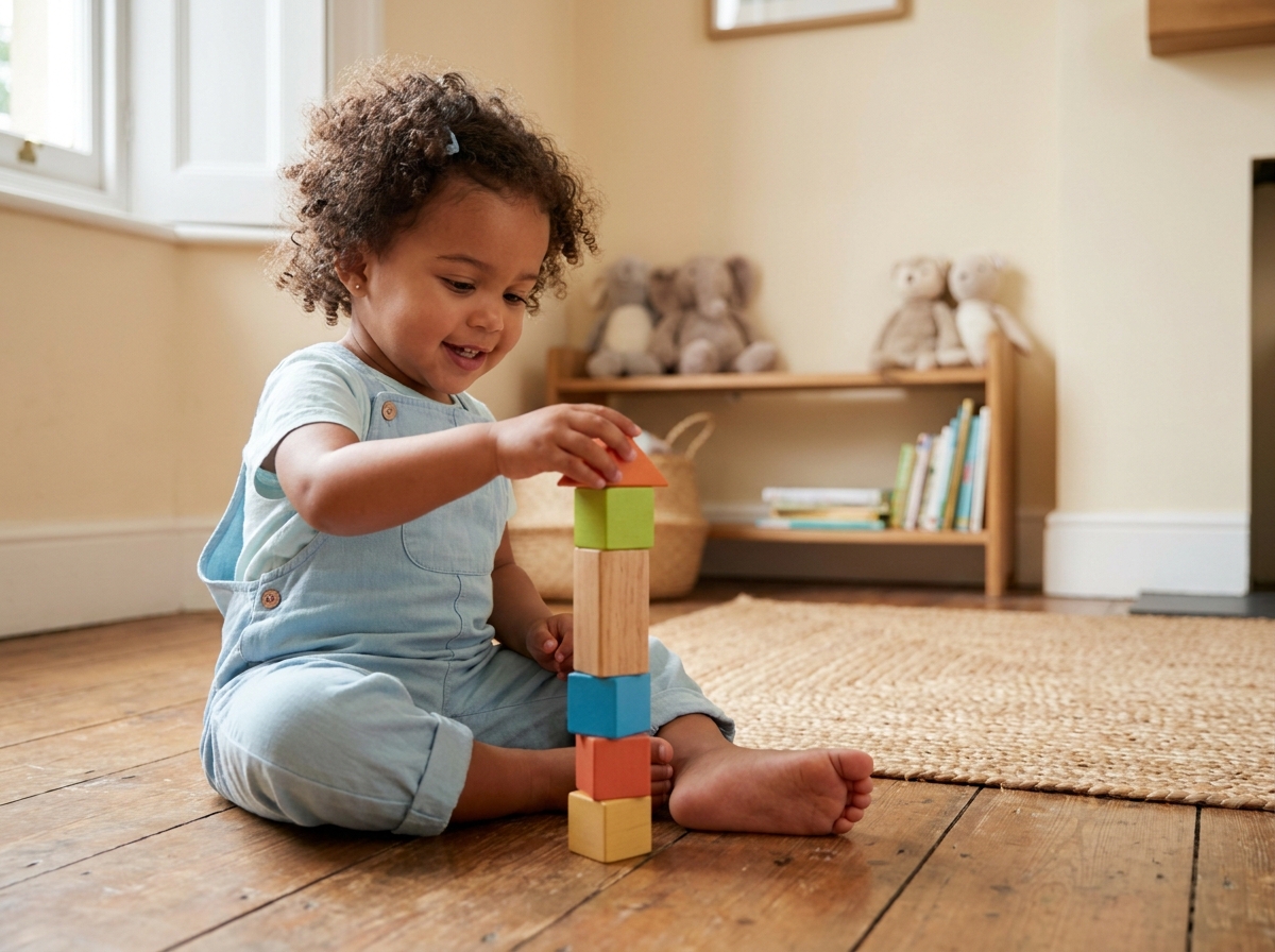 Petite fille de 3 ans concentrée sur un jeu de cubes en bois colorés dans un salon calme et chaleureux
