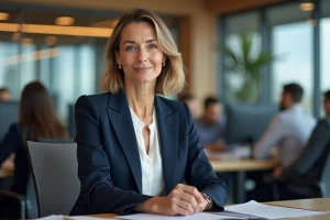 Journaliste professionnelle assise dans une salle de rédaction moderne, regardant l'objectif avec assurance, illustrant une personnalité médiatique reconnue
