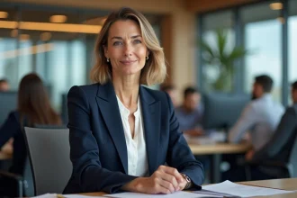Journaliste professionnelle assise dans une salle de rédaction moderne, regardant l'objectif avec assurance, illustrant une personnalité médiatique reconnue