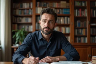 Portrait d'un journaliste politique français pensif dans un appartement parisien entouré de livres