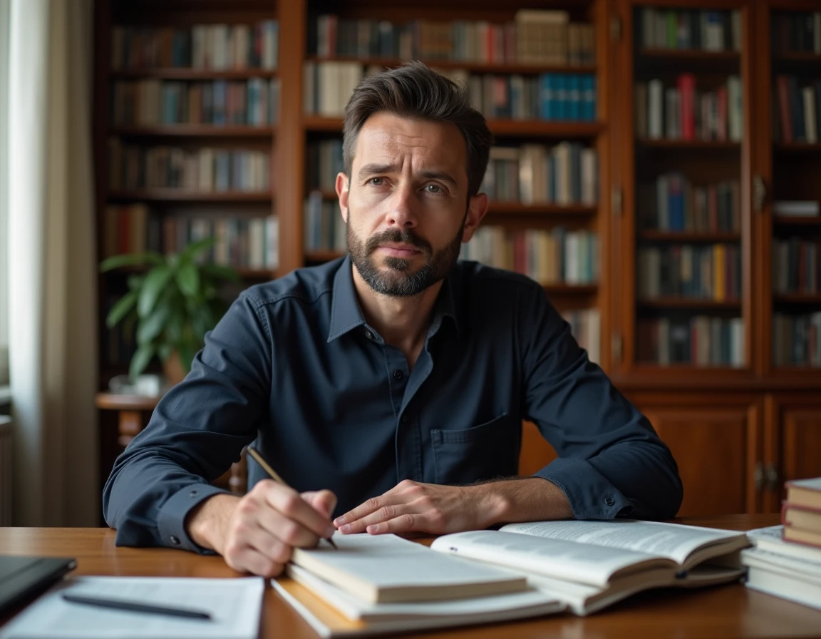 Portrait d'un journaliste politique français pensif dans un appartement parisien entouré de livres
