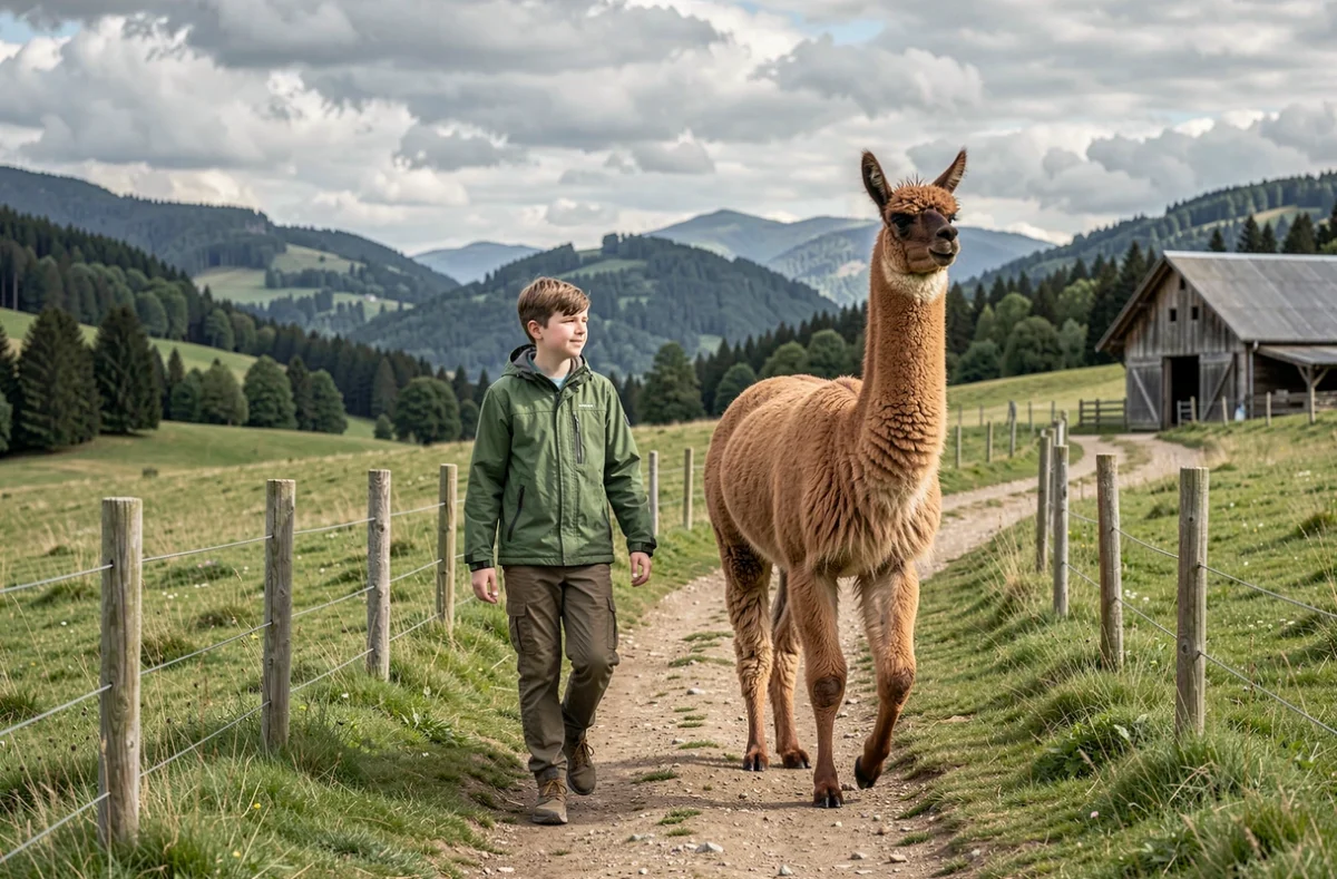 Adolescent se promenant avec un lama caramel sur un sentier de campagne verdoyante près de Mamirolle lors d'une sortie à Lama Loisir Mamirolle