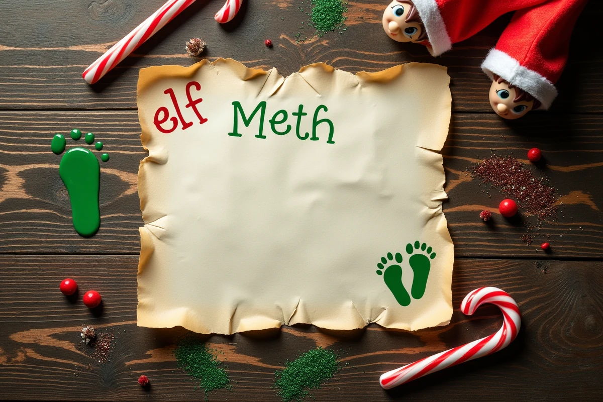 Lettre de lutin farceur imprimée personnalisée entourée d'accessoires espièges sur table en bois