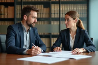 Homme et femme signant une lettre de renonciation à la soulte lors d'un divorce par consentement mutuel dans un bureau juridique