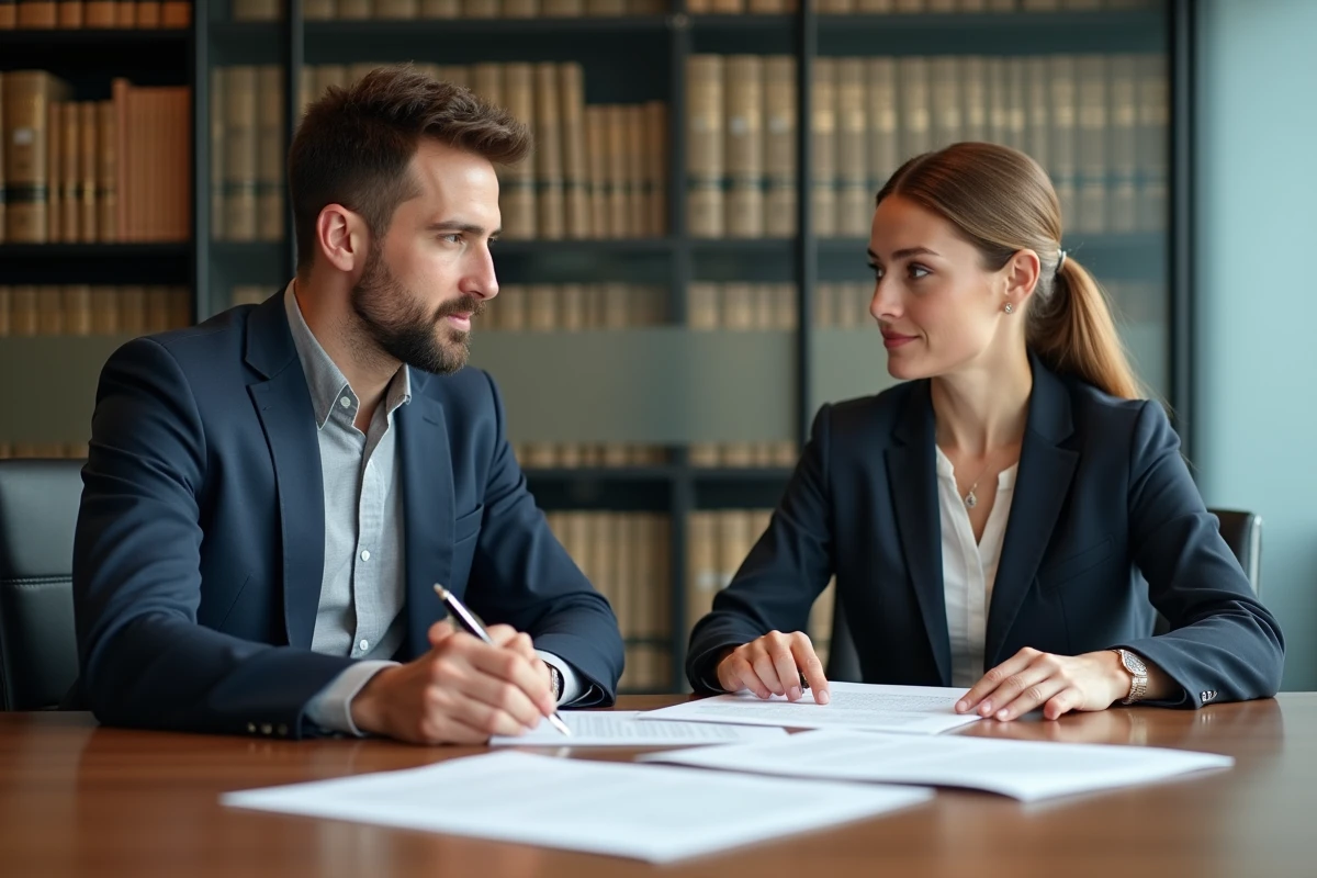 Homme et femme signant une lettre de renonciation à la soulte lors d'un divorce par consentement mutuel dans un bureau juridique